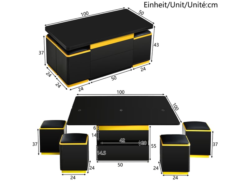  Table basse moderne noire brillante, table d'appoint élégante, multifonctionnelle, table basse réglable en hauteur, table à mangermeuble de salon pliable, 100 x 50 x 43 cm (l x l x h)  - Conforama C