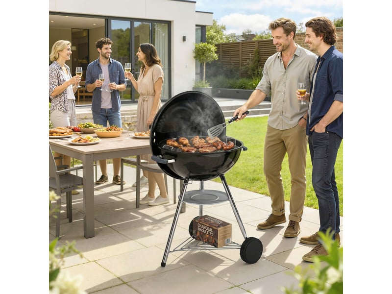  Barbecue au charbon rond avec thermomètre et étagère inférieure, en métal et acier inoxydable, 73x65x105 cm, noir  - Conforama D
