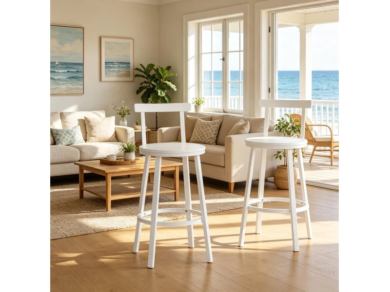  Tabourets de bar 51,5x51,5x89 cm lot de 2, avec dossier courbé, chaise de bar, structure en mdf et métal, couleur blanc  - Conforama E
