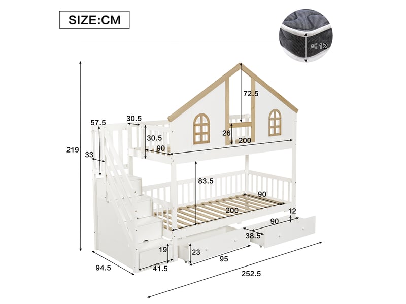  Lit superposé enfant 90 × 200 cm 2 places avec escalier coffre et tiroirs, sans matelas, en bois, blanc et naturel  - Conforama D