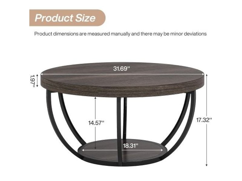  Table basse ronde à 2 niveaux 80x80x45 cm, finition bois gris et structure en acier  - Conforama E