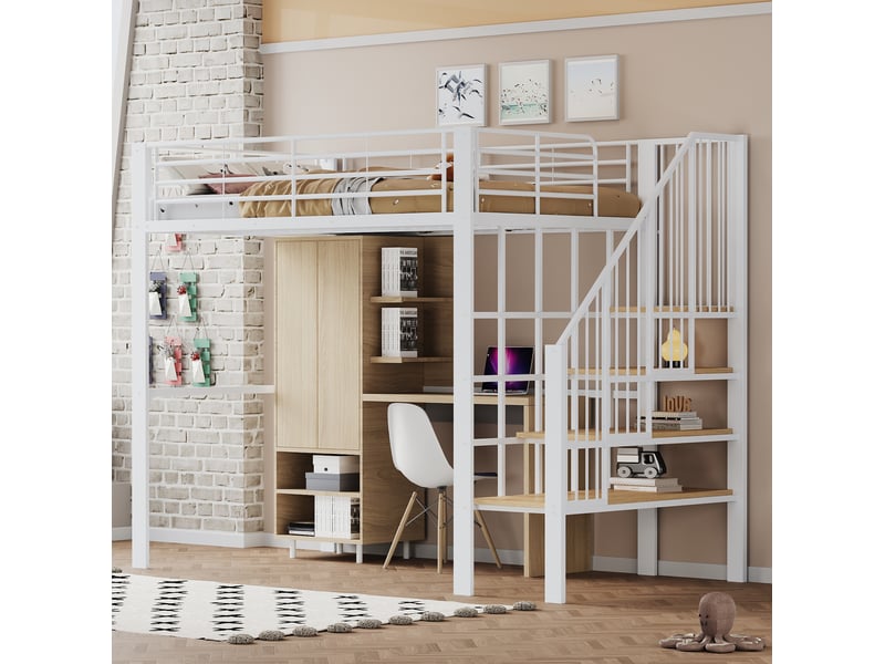  Lit mezzanine 140 x 200 cm en métal, escalier et rangement sous le lit, blanc  - Conforama D