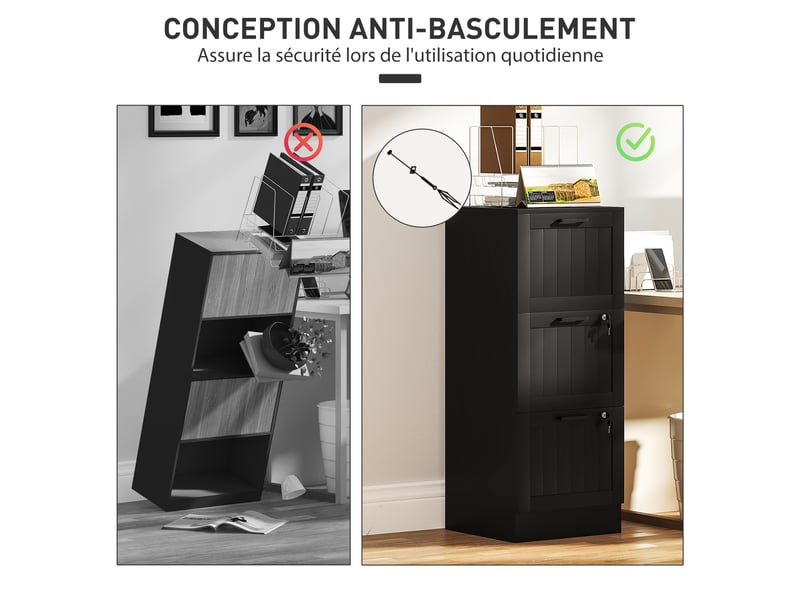  Caisson bureau, meuble rangement bois 3 tiroirs et serrure, barres de suspension réglables, noir, 40 x 40 x 101 cm  - Conforama W