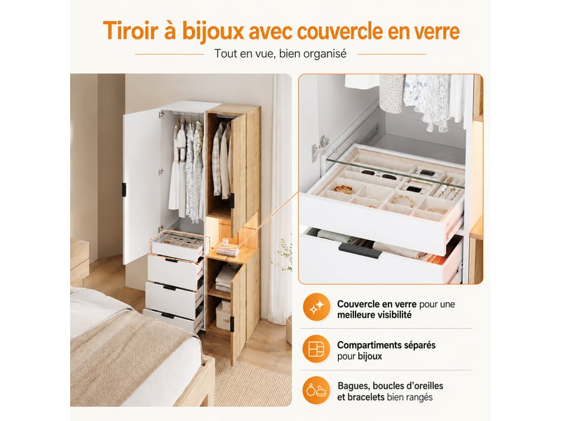  Armoire de chambre 90 x 49 x 200 cm avec éclairage led, tiroir à bijoux, 3 portes, 4 tiroirs et 2 tringles, blanc  - Conforama D