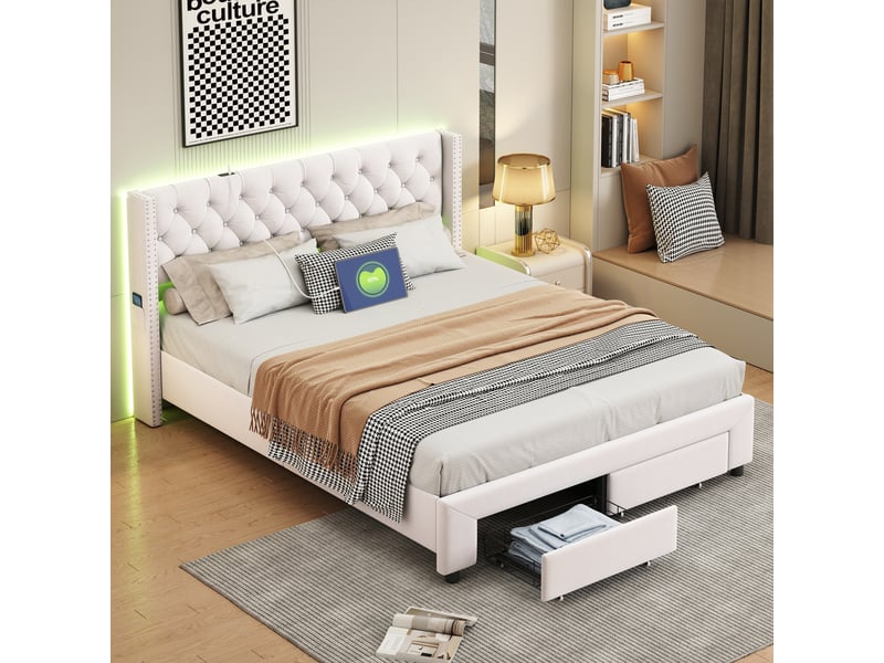  Lit double coffre 160x200cm, tête de lit cloutée décorative, 2 tiroirs, bandeau led, port usb et poche de rangement, velours beige, matelas non inclus  - Conforama C