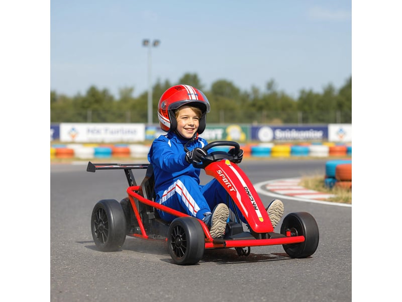  Kart électrique 24 v pour la conduite et le drift, pneus en nylon, ceinture de sécurité, klaxon, musique, pour les 8-12 ans, rouge  - Conforama C
