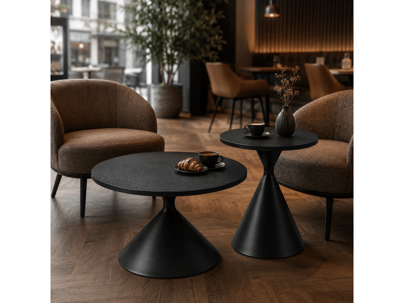  Lot de 2 tables basses rondes, finition noire effet bois, ø7050 cm, structure en acier carbone, design moderne.  - Conforama W