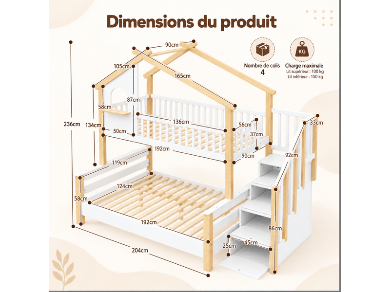 Lit superposé cabane 90 x 190 et 120 x 190 cm avec escalier de rangement, lit enfant en bois blanc naturel avec garde-corps et sommier à lattes - Conforama D