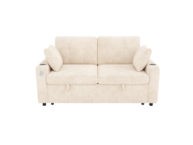  Canapé 2 places - 141.5x131x83.5cm - convertible avec éclairage led, ports usbtype-c, rangements et tissu chenille - beige  - Conforama A