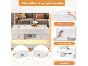 Table basse relevable, table de salon rectangulaire avec led et 2 tiroirs, surface avec lumière elevée, blanc