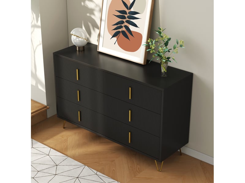 Chiffonnier 6 tiroirs 120x40x77 cm, finition noir+doré en panneaux de particules, commode au design design - Conforama E