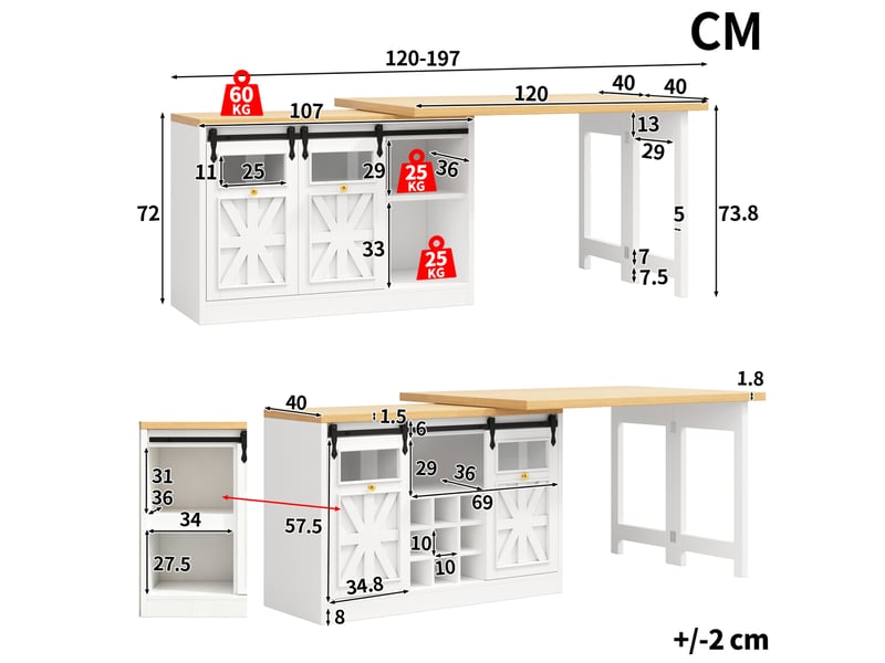  Buffet de cuisine avec table extensible pivotante à 360° et éclairage led, 2 portes, pour salle à manger, blanc mdf  - Conforama C