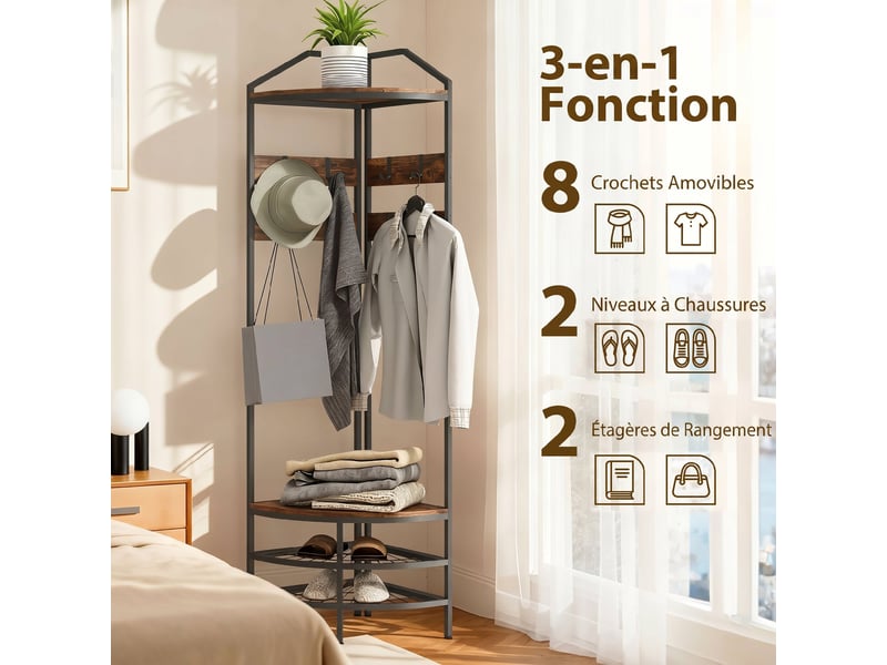  Meuble d'entrée d'angle, vestiaire à 4 niveaux, rangement pour chaussures, 8 patères mobiles, brun rustique, 2 étagères  - Conforama A