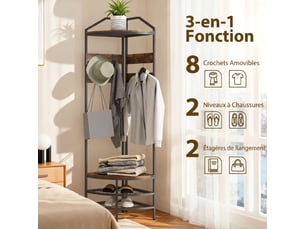 Meuble d'entrée d'angle, vestiaire à 4 niveaux, rangement pour chaussures, 8 patères mobiles, brun rustique, 2 étagères