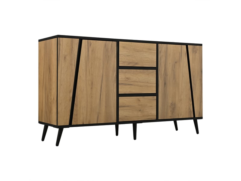  Buffet 2 portes avec 3 tiroirs, coloris bois naturel et noir, 120x40x70 cm, meuble de rangement pour salon, cuisine et bureau  - Conforama A