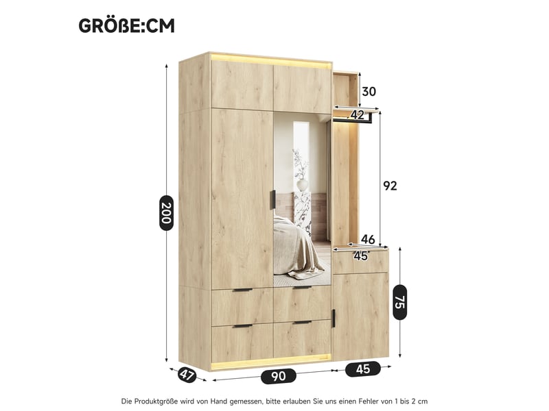 Vestiaire d'entrée avec penderie 135 x 47 x 200 cm - 5 tiroirs - éclairage led - 2 barres de penderie - mdf - anthracite et chêne - Conforama D