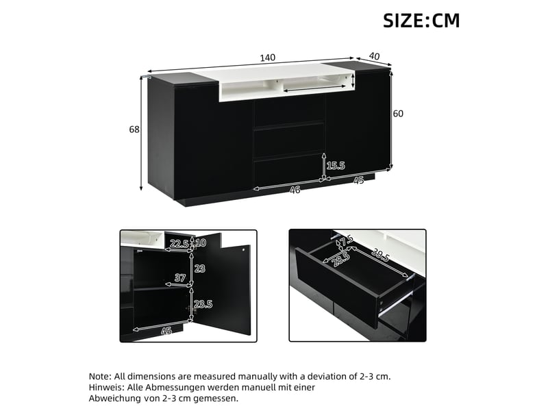  Buffet bas 140 x 40 x 68 cm noir avec 2 portes, 3 tiroirs et éclairage led  - Conforama C
