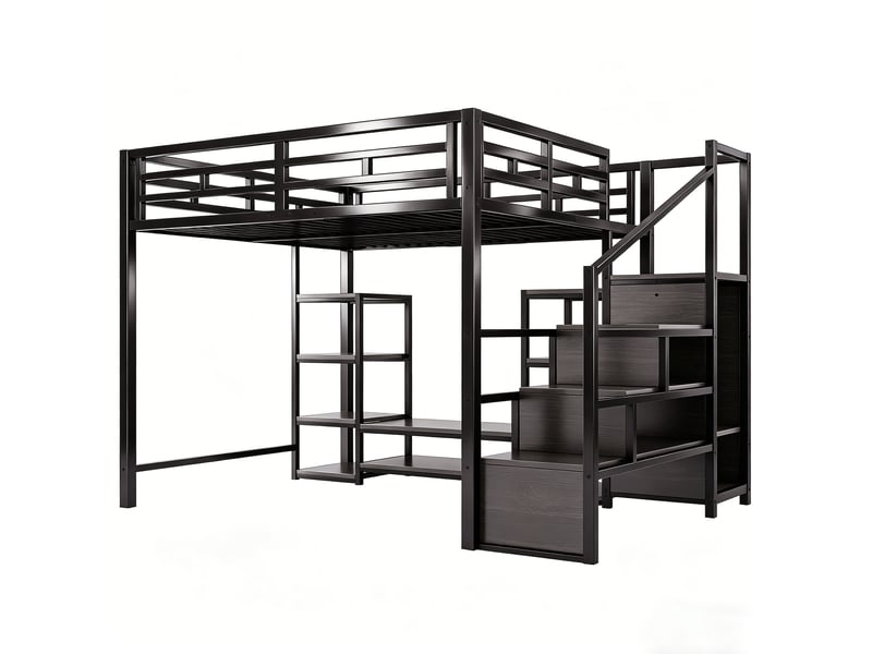 Lit mezzanine 140x200 cm - support tv - prise électrique - échelle avec rangements - métal et bois - noir - Conforama W
