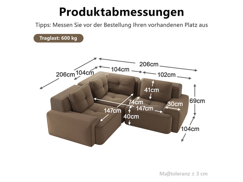  Canapé d’angle modulable profond velours côtelé marron – 206 x 206 x 69 cm Fay Lum - Conforama C