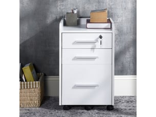 Caisson de bureau rangement bureau sur roulettes 3 tiroirs 1 verrouillable 1 trieur dossiers en bois blanc