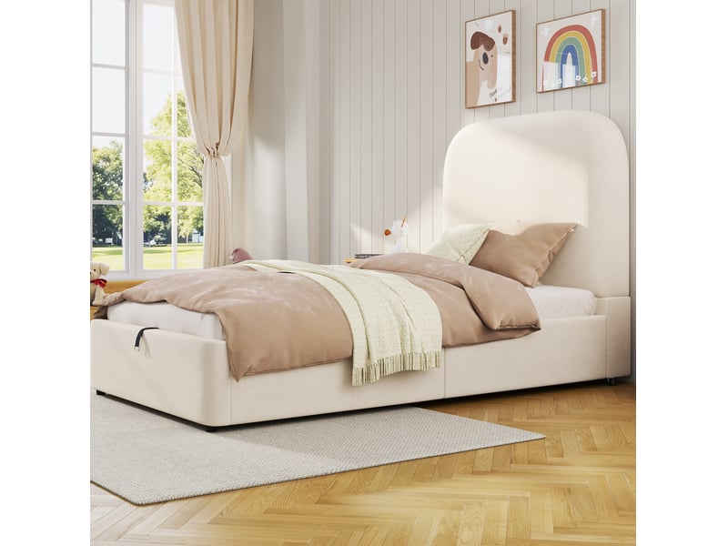  Modenvie lit enfant 90x190 cm - rangement hydraulique, tête de lit rembourrée - sans matelas, beige  - Conforama E