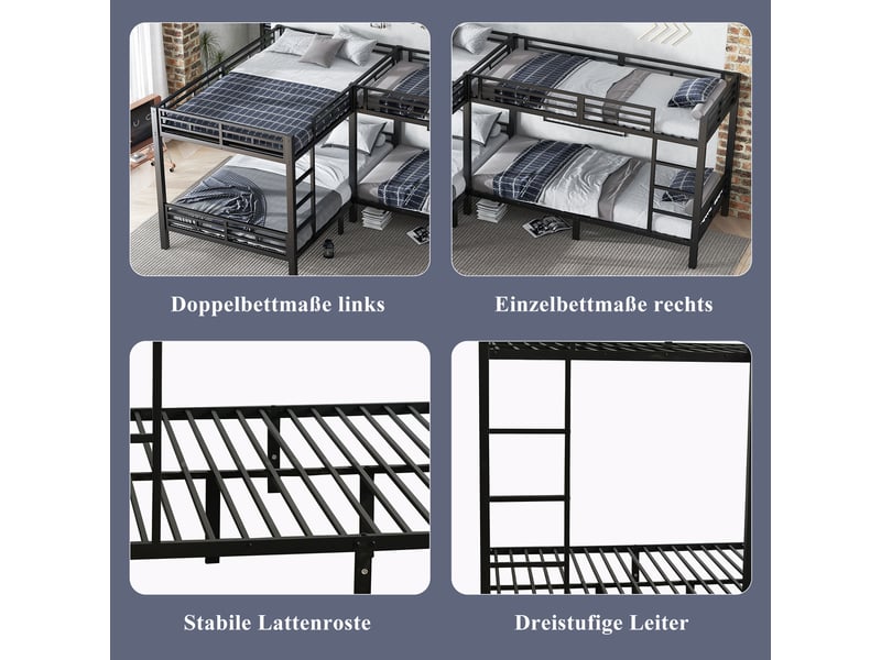  Lit superposé noir en fer 90x200 et 140x200 cm avec plusieurs couchages, échelle à 3 marches et sommiers métalliques  - Conforama D