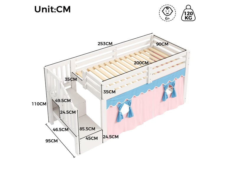  Lit mi-hauteur enfant 90 × 200 cm 1 place avec armoire-échelle, rideaux occultants et led réglable, sans matelas, blanc  - Conforama D