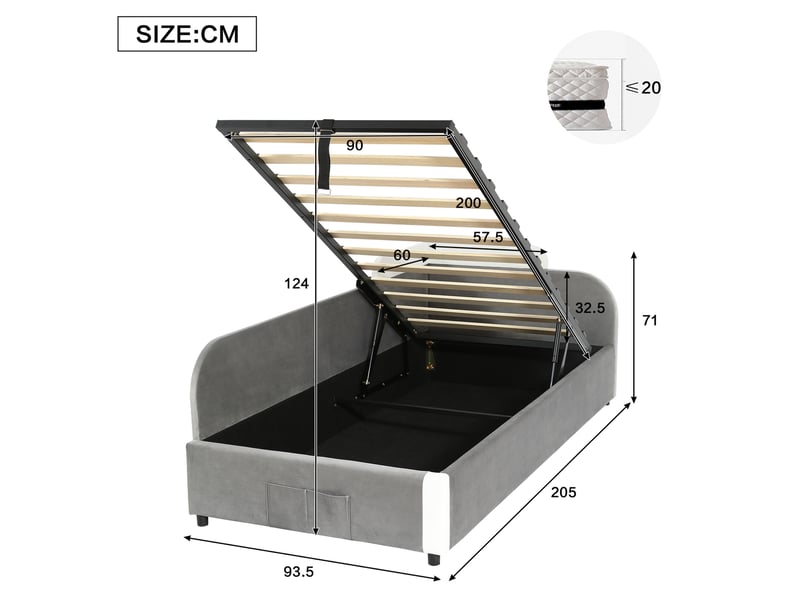 Lit coffre enfant 90x200 cm, avec rangement et sommier, panneau latéral gauche, velours, gris et blanc, sans matelas - Conforama C