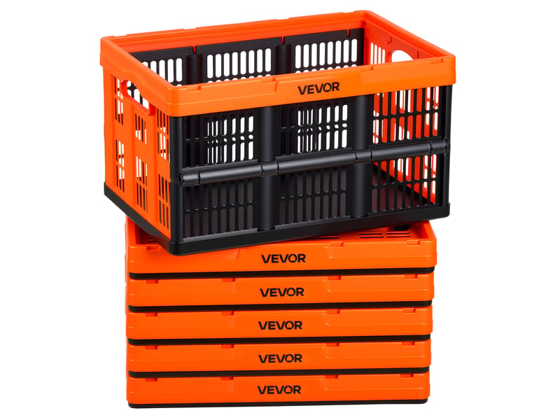  Vevor caisse plastique pliable 45 l lot de 6, cagette pliable avec poignees, charge max. 15 kg par caisse, bac de rangement empilable pour maison, voiture, camping et courses, en pp, orange et noir  - Conforama A