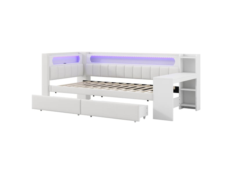  Lit enfant 90x200 cm avec tiroirs, usb et led, bureau et 2 tiroirs, en mdf, sommier à lattes, blanc, sans matelas  - Conforama D
