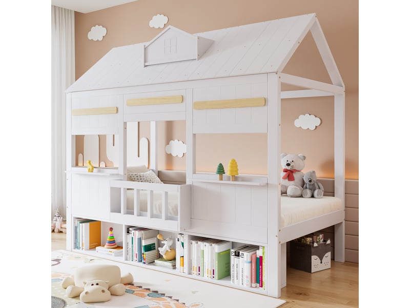  Lit mezzanine cabane enfant 1 place 90 x 200 cm avec bibliothèque intégrée, sommier à lattes, structure en pin, mdf et contreplaqué, blanc  - Conforama C