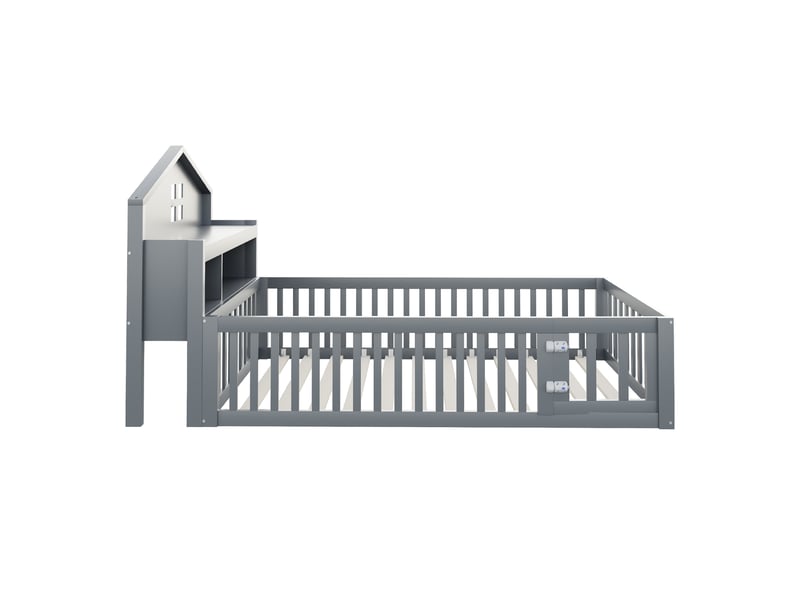  Lit enfant 90x200 cm avec étagère, tableau noir, garde-corps et sommier, forme de maison, bois gris, sans matelas  - Conforama R