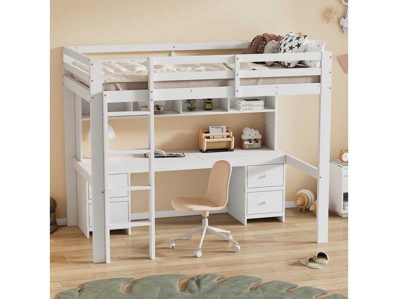  Lit mezzanine enfant 90x200 cm blanc avec bureau et rangements  - Conforama D