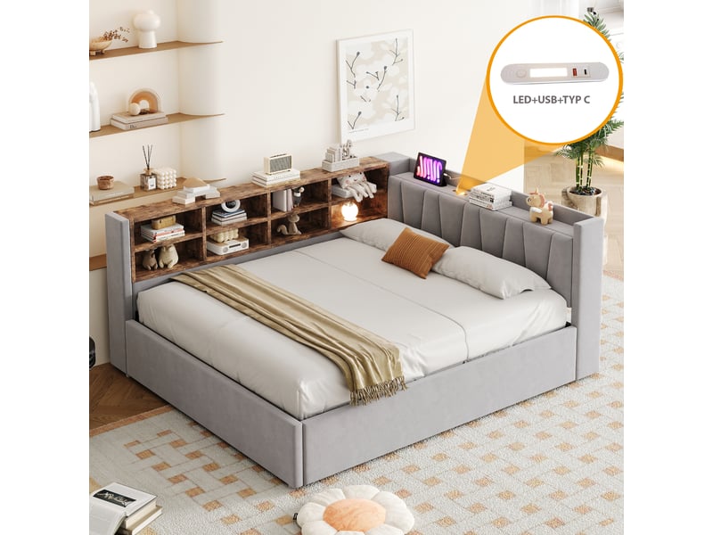  Canapé-lit 140*200 cm avec rangement hydraulique, veilleuse, usb et type-c, étagères, velours gris clair  - Conforama D