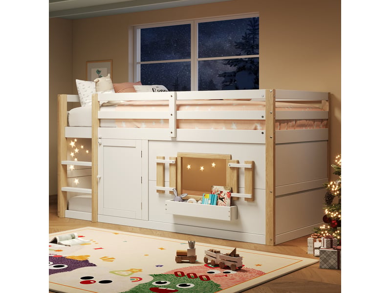  Lit mezzanine enfant 90 x 200 cm avec sommier, échelle et espace de jeu blanc  - Conforama E