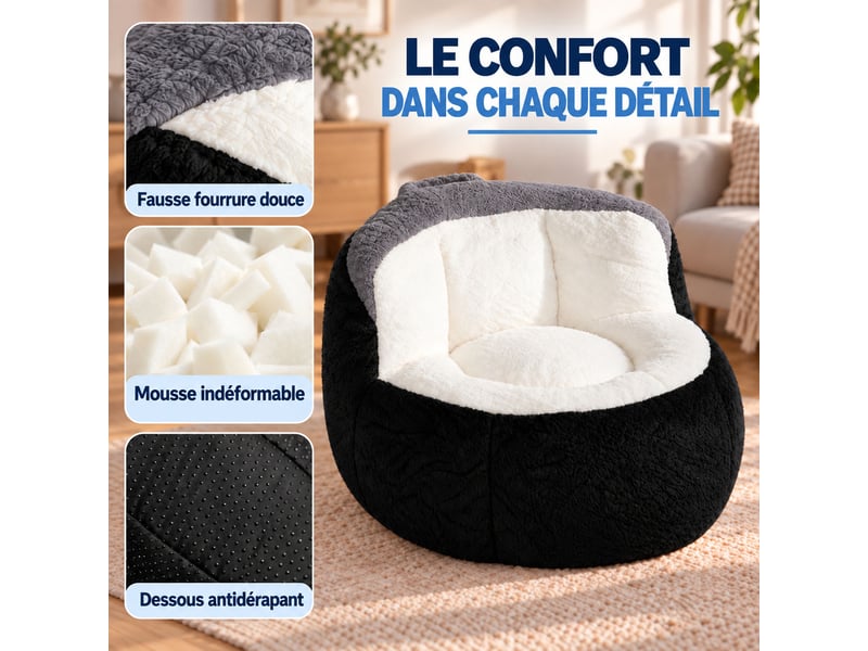 Canapé pouf géant en fausse fourrure, tissu doux respectueux de la peau, mousse déchiquetée haute résilience,noir+blanc+gris - Conforama C