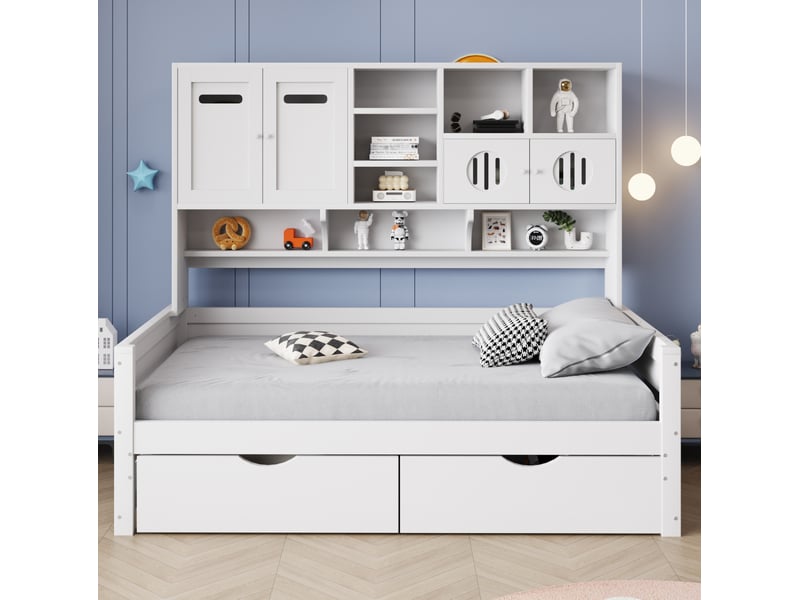  Modenvie lit banquette 90x200 cm - avec rangements et 2 tiroirs, sans matelas, montage mural - blanc  - Conforama D