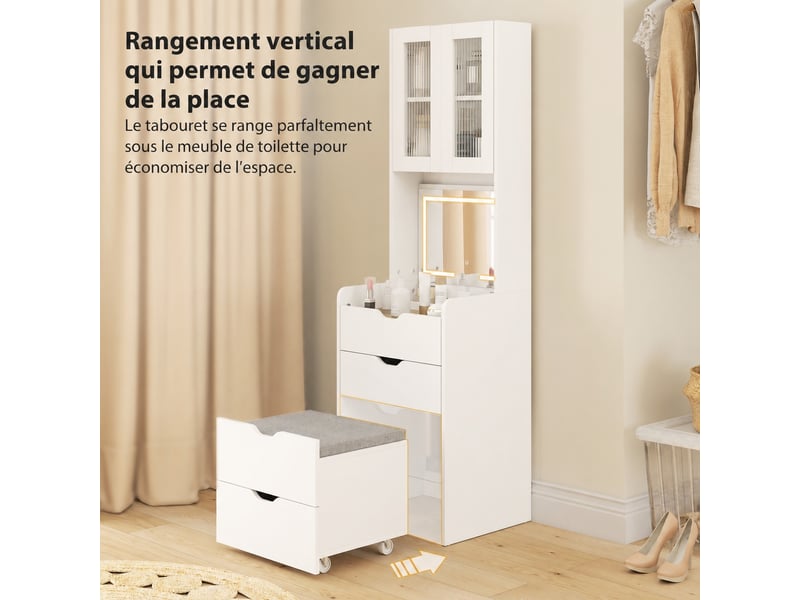  Coiffeuse avec miroir rabattable led 3 teintes, 3 tiroirs et tabouret rembourré, blanche, 50 x 40 x 160 cm  - Conforama B