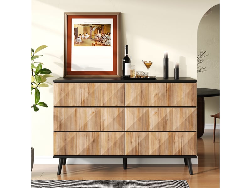  Commode 6 tiroirs à poignées invisibles pour salon en mdf 120×40×85 cm noir et bois naturel  - Conforama C