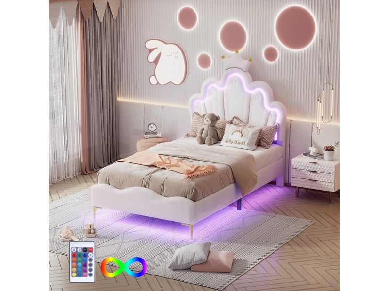  Lit enfant 90x200,lit princesse,lit de couronne,tête de lit en forme de couronne,bande lumineuse led  - Conforama E