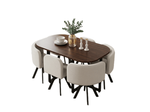 Ensemble table et chaises - salle à manger - 140x90x73 cm - 6 personnes - lin - beige et noyer