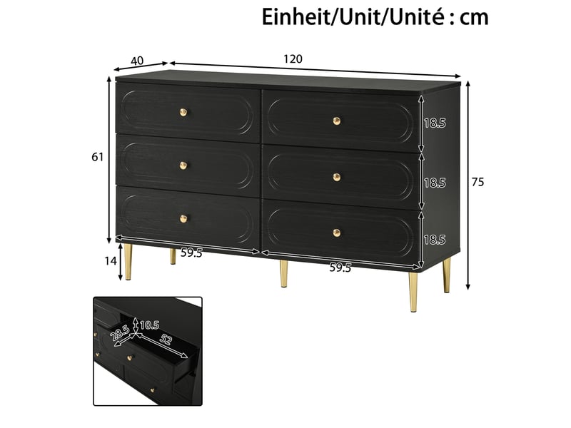  Commode 120x40x75 cm, 6 tiroirs avec façades ovales, buffet avec pieds en métal,en mdf, noir, armoire de rangement  - Conforama C