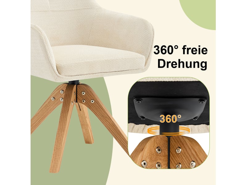 Chaise de salle à manger pivotante avec dossier ergonomique et accoudoirs, en tissu et bois, beige - Conforama E