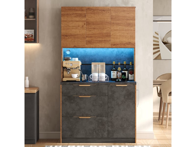  Buffet haut de cuisine 100x40x180 cm avec led rgb, 2 prises, 2 usb, 4 portes, 3 tiroirs, étagères réglables, façades texturées, mdf naturel  - Conforama C