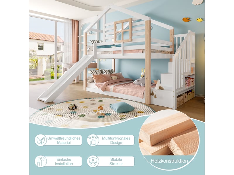 Lit superposé enfant 200×90 cm avec toboggan, escalier à rangements et garde-corps, en bois blanc - Conforama E
