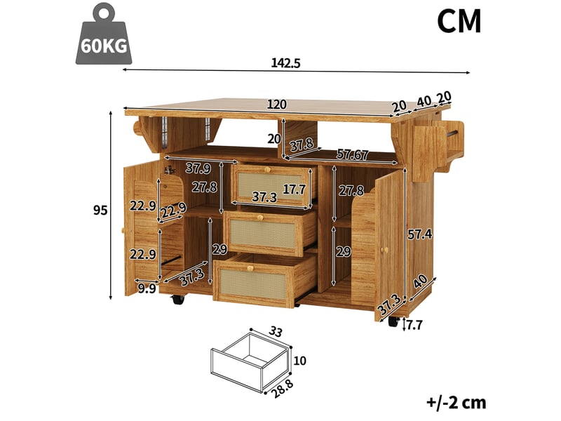  Desserte de cuisine pliable à roulettes tiroirs brun foncé 142,5x80x95 cm N620CC260518D - Conforama C