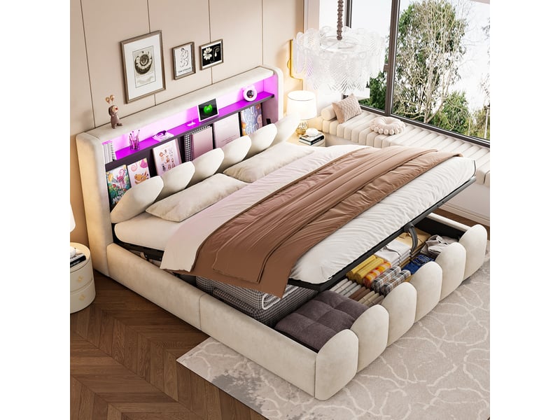  Lit coffre rembourré 180x200 cm coloris beige led velours lit adulte beige - Conforama B