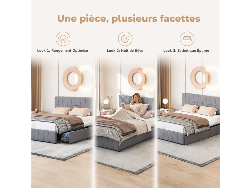  Lit double 160x200 cm,lit capitonné rembourré avec 4 tiroirs,sommier à lattes,lit 2 personnes pour adultes, gris,velours  - Conforama W