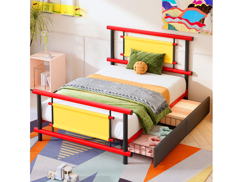  Modenvie lit enfant avec tiroirs 90x200 cm - structure metallique robuste, sans matelas - rouge  - Conforama B