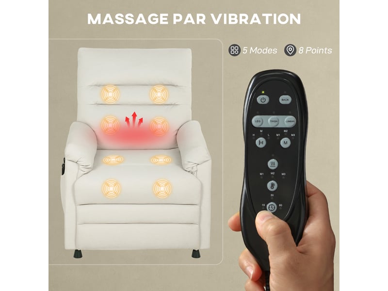  Fauteuil massant chauffant inclinable poches rangement port usb intégré velours grège  - Conforama D
